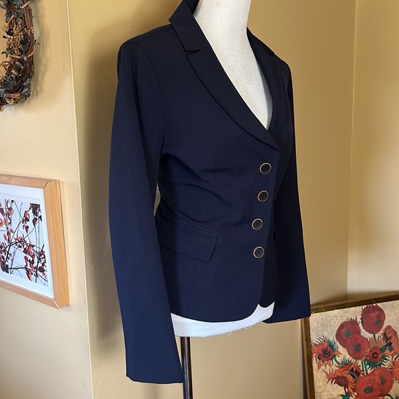 ATELIER Size 12 Navy Blue Stretch Blazer Lined
4 Gold Trimmed Buttons Career - Picture 5 of 16